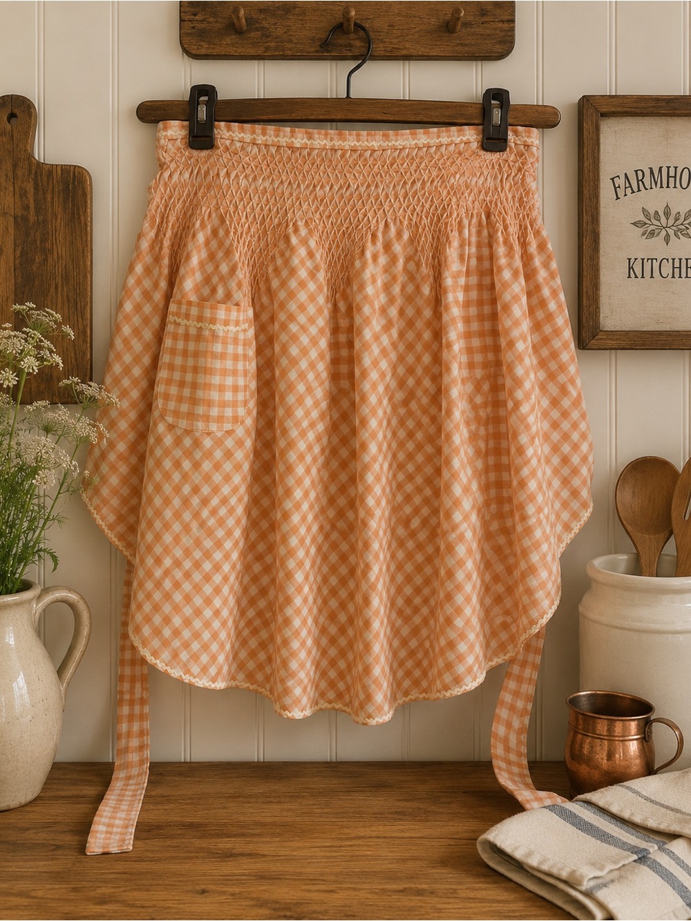 Gingham Smocked Apron Skirt in Peach